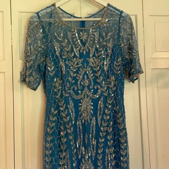 Adrianna Papell blue embellished beaded overlay mermaid occasion dress 12